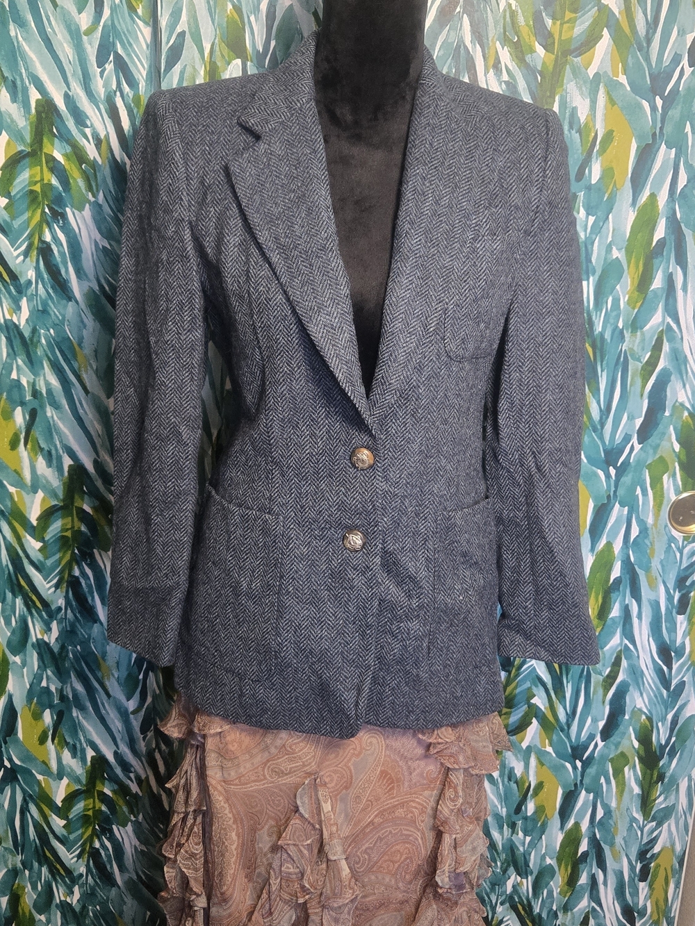 Vintage 90s Lauren Ralph Lauren Blue Herringbone Equestrian Blazer